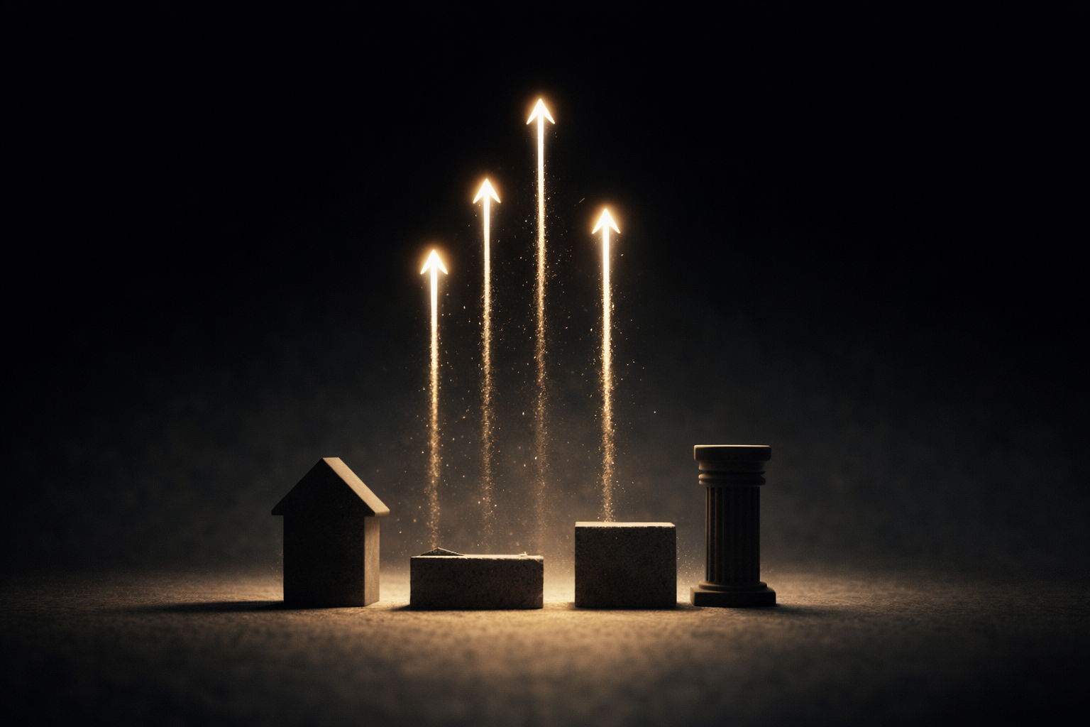 Glowing signals rising upward above grounded structures representing trends versus lasting value