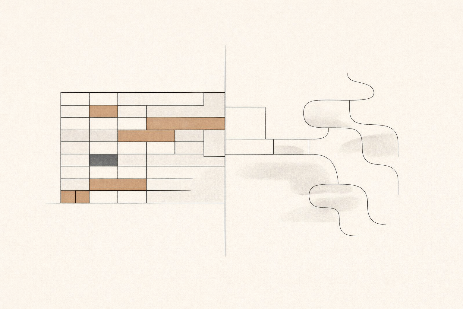 Abstract minimalist illustration showing a structured data grid on one side and undefined forms beyond it, representing the limits of measurement and what data cannot capture.