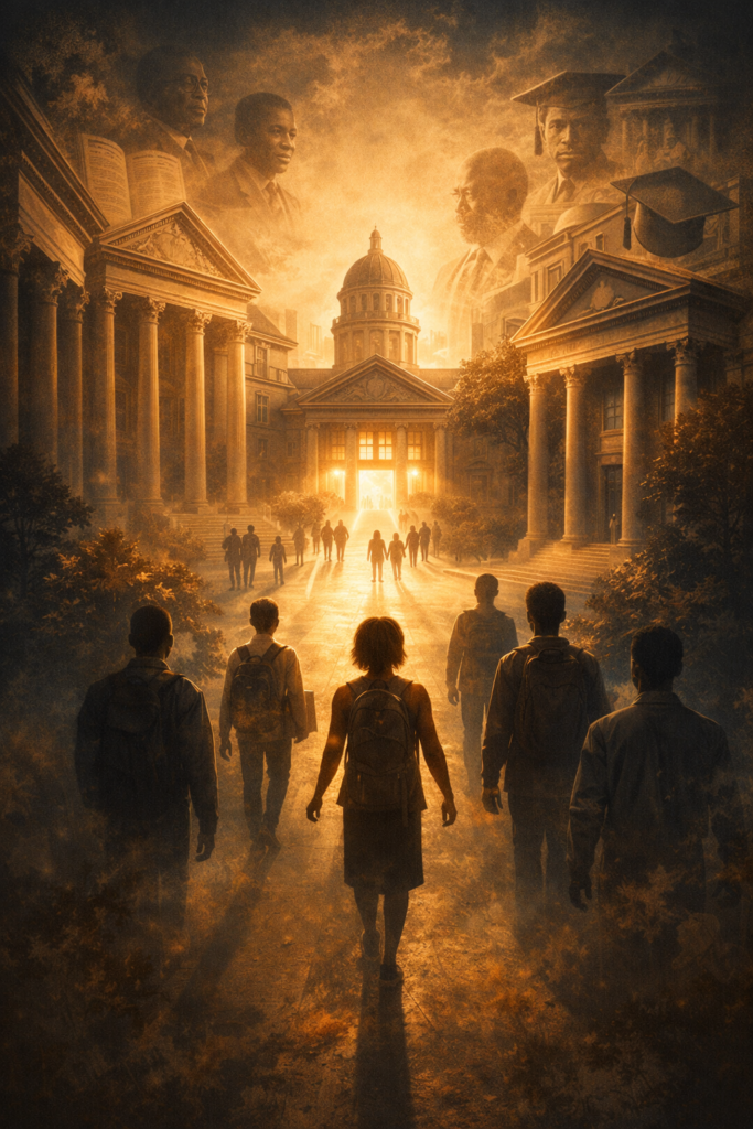 Historic Black college campus with students walking between classical academic buildings, symbolizing the legacy of Historically Black Colleges and Universities in developing Black leadership and educational opportunity.