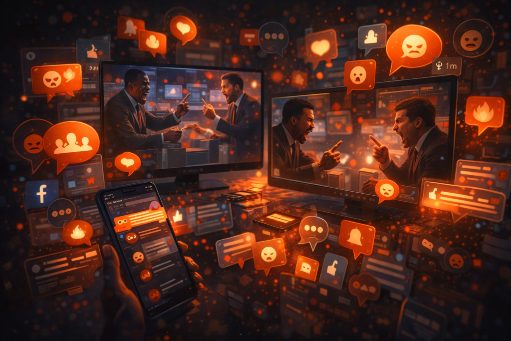 media incentives rewarding conflict and outrage across digital platforms