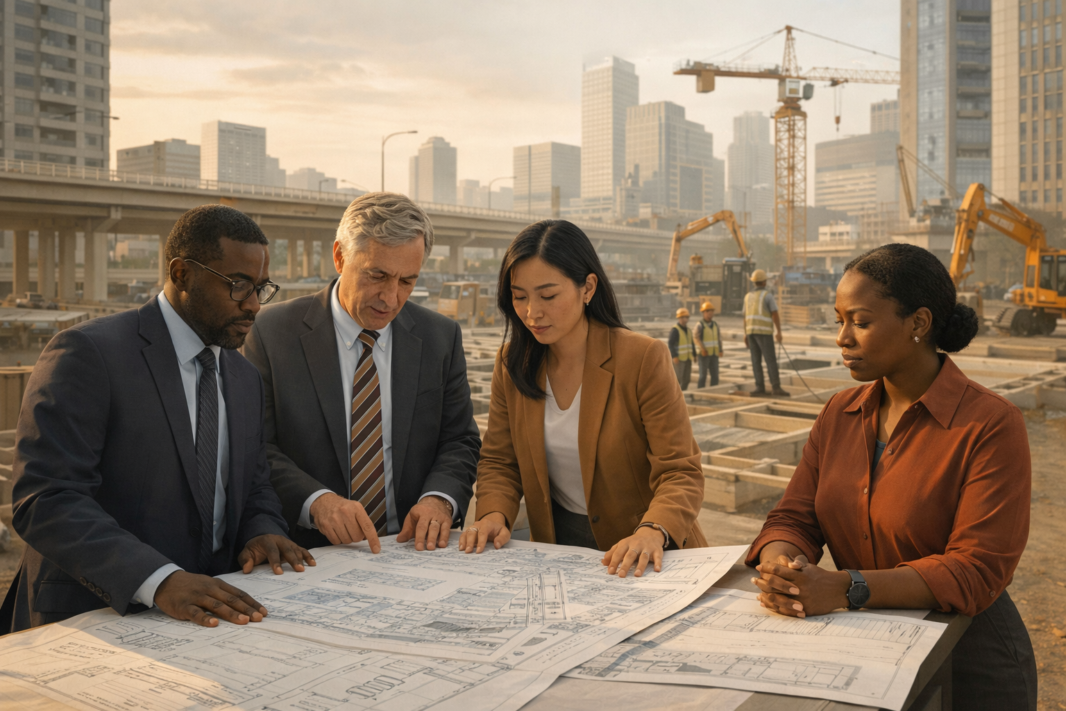 Diverse policymakers reviewing workforce infrastructure blueprints at an urban construction site