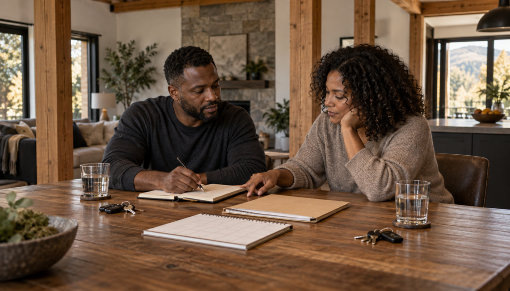 Two adults at a shared household table with a planner, documents, and keys, representing the structure and shared responsibility required for lasting commitment.