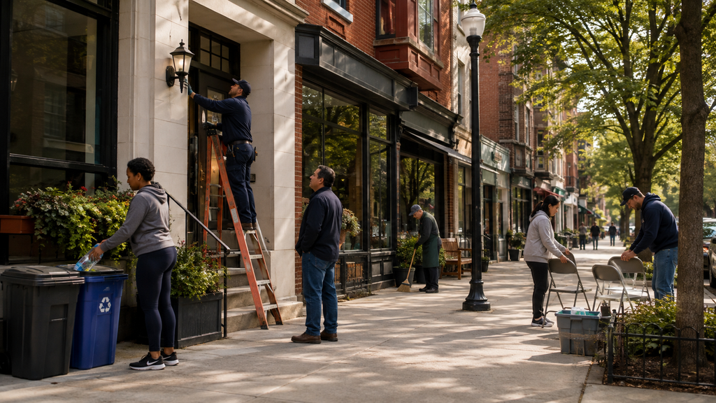 Residents, local workers, and neighbors sharing ordinary maintenance and participation tasks across a mixed-use block, illustrating how distributed responsibility supports community stability.