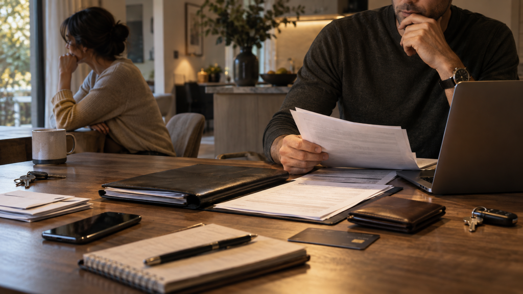 Household table with financial documents, keys, a wallet, and two adults positioned with unequal access, illustrating financial abuse and economic control in relationships.