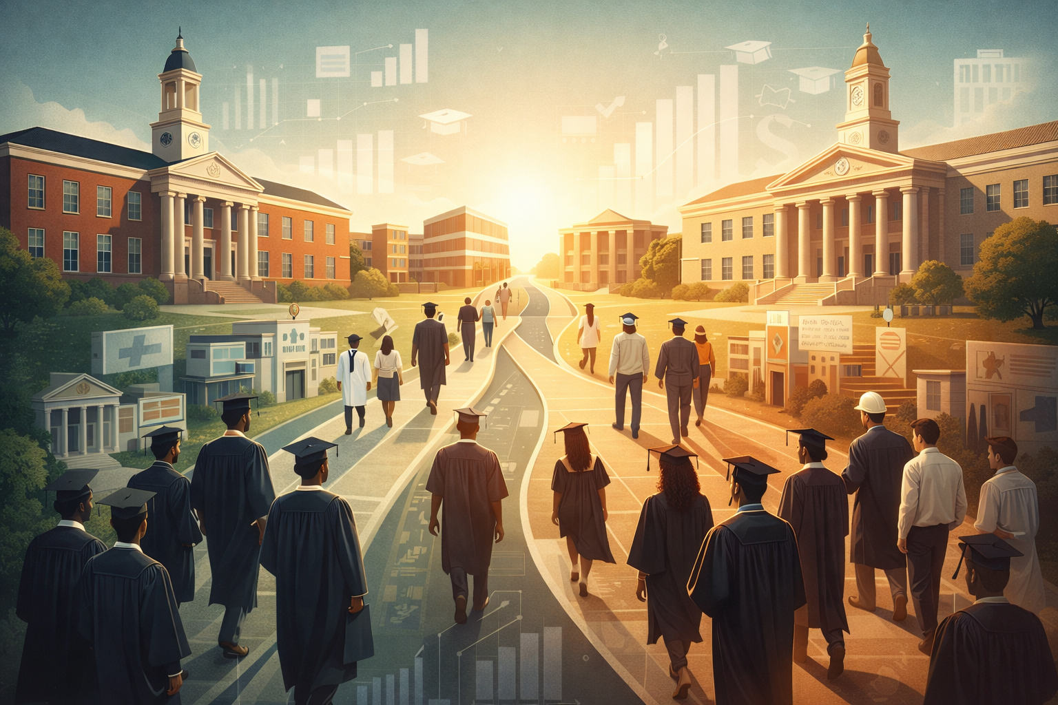 Editorial illustration comparing HBCUs and PWIs with graduating students moving into professional careers, symbolizing how institutions shape student outcomes.