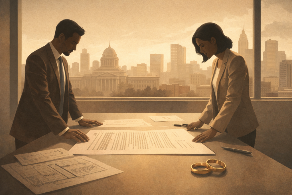 Two people reviewing a contract with wedding rings on the table symbolizing marriage as a long-term partnership and economic commitment.