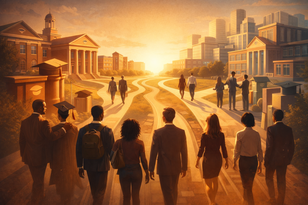 Editorial illustration showing modern universities learning leadership development and mentorship principles from historically Black colleges and universities.