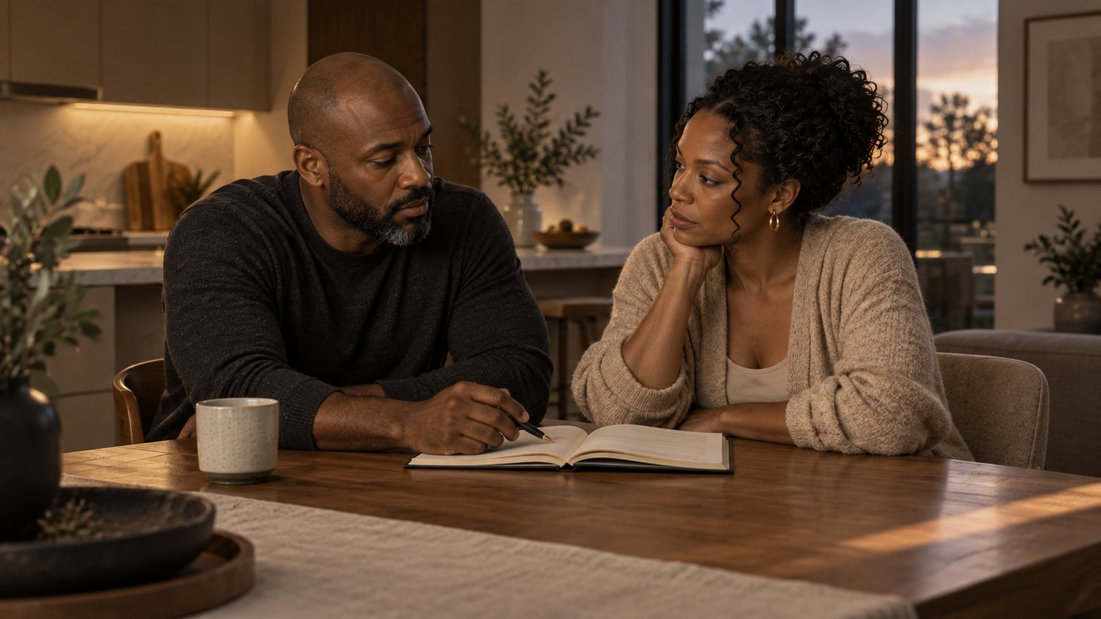 A calm couple reviewing a notebook together at a kitchen table, representing a relationship accountability check-in focused on agreements, impact, and repair.