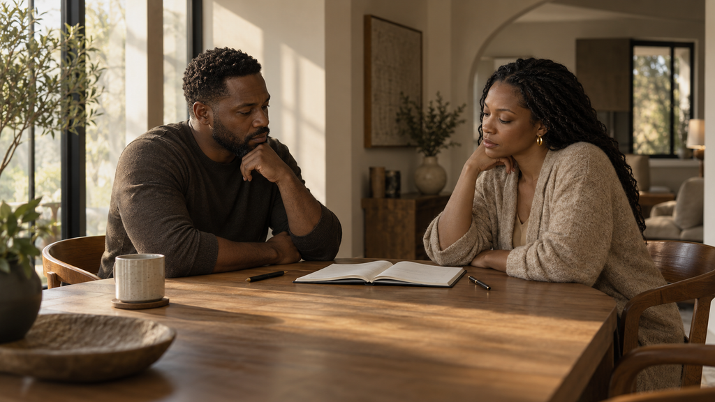 Two partners seated across from one another at a table with a shared notebook between them, representing relationship accountability through clear agreements, responsibility, and repair.