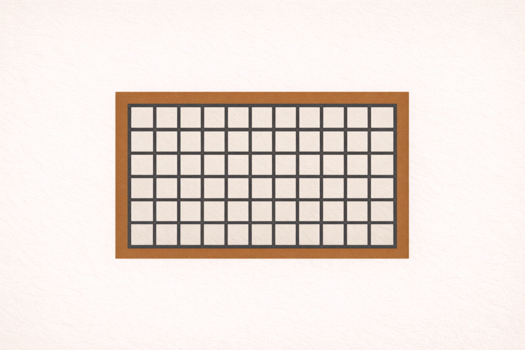 Minimalist architectural grid system enclosed by a clay-brown structural boundary on a warm sand background, representing uniform standards and consistent rule enforcement.
