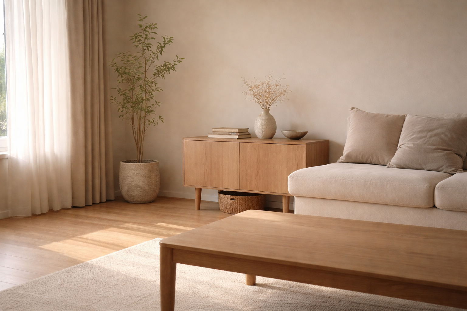 Minimalist interior with cleared space and soft natural light, showing quiet clarity and steadiness after a decision.