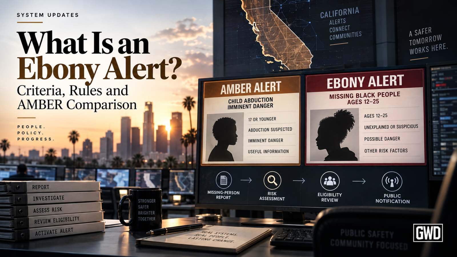 Ebony Alert and AMBER Alert comparison showing missing-person reporting, risk assessment, eligibility review, and public notification.