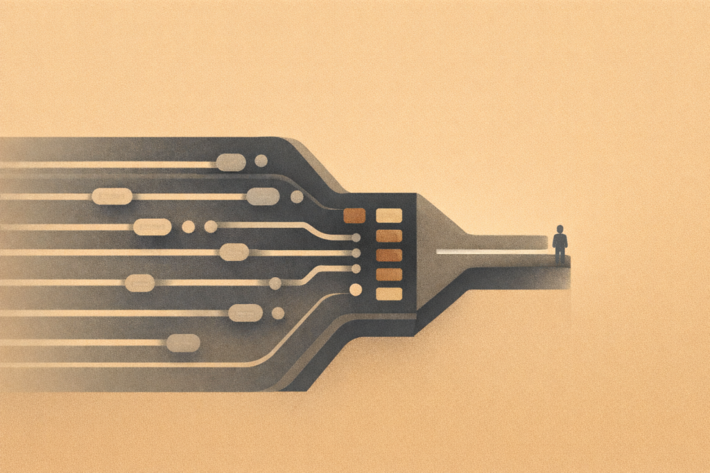 AI hiring systems filtering and ranking candidates through an automated pipeline with a final human review checkpoint