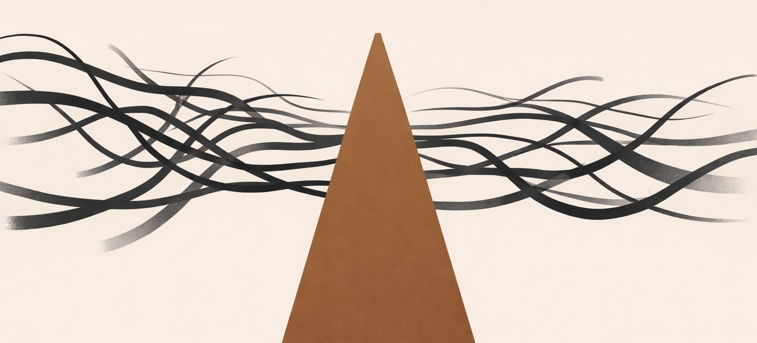 Minimalist illustration showing a clear structured path cutting through chaotic distraction streams representing attention control