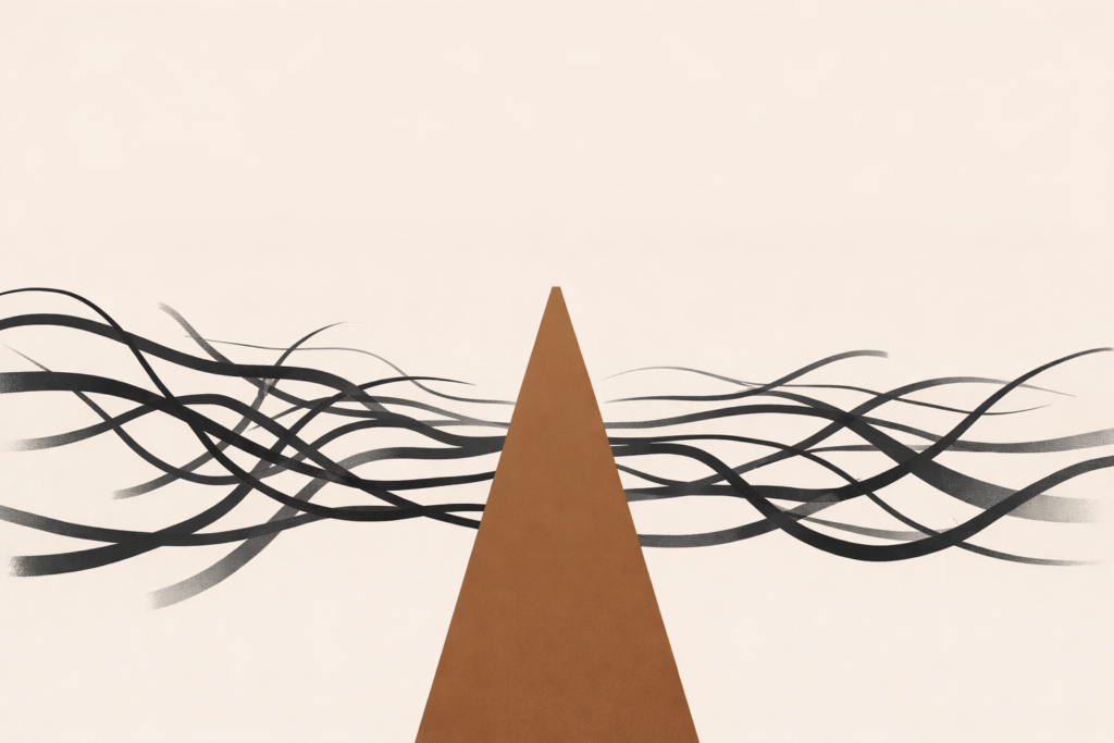 Minimalist illustration showing a clear path cutting through chaotic distraction streams, representing attention control.