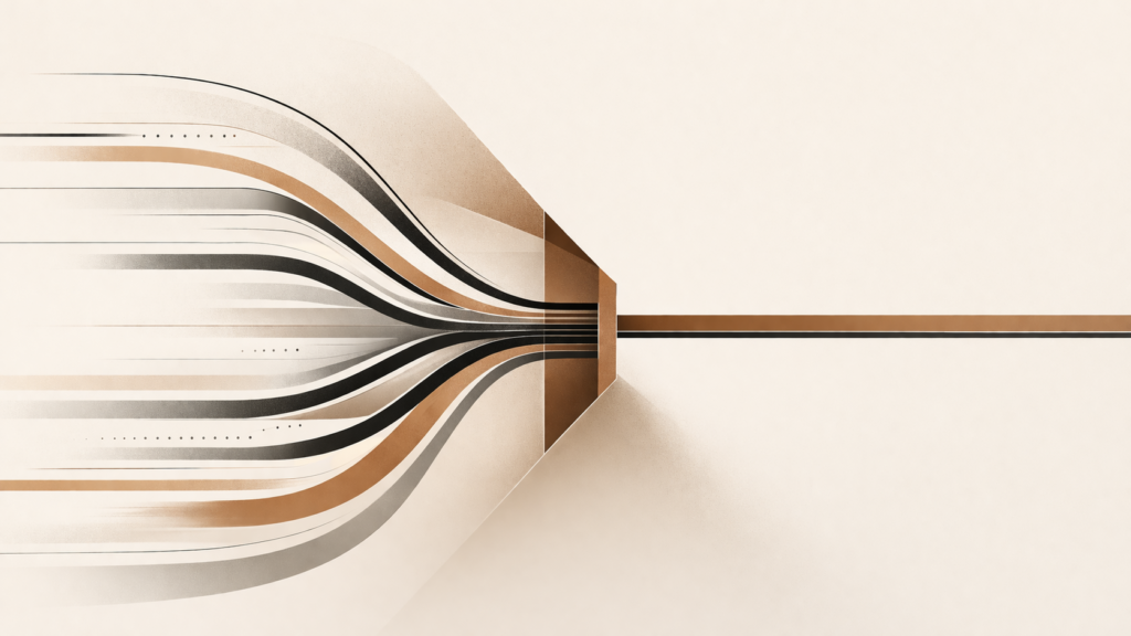 Minimalist illustration showing content streams competing for attention through a central filtering structure.