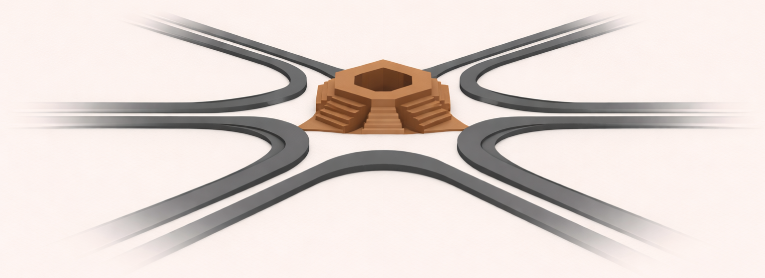 Minimalist illustration showing a central hub connecting pathways representing the attention economy framework