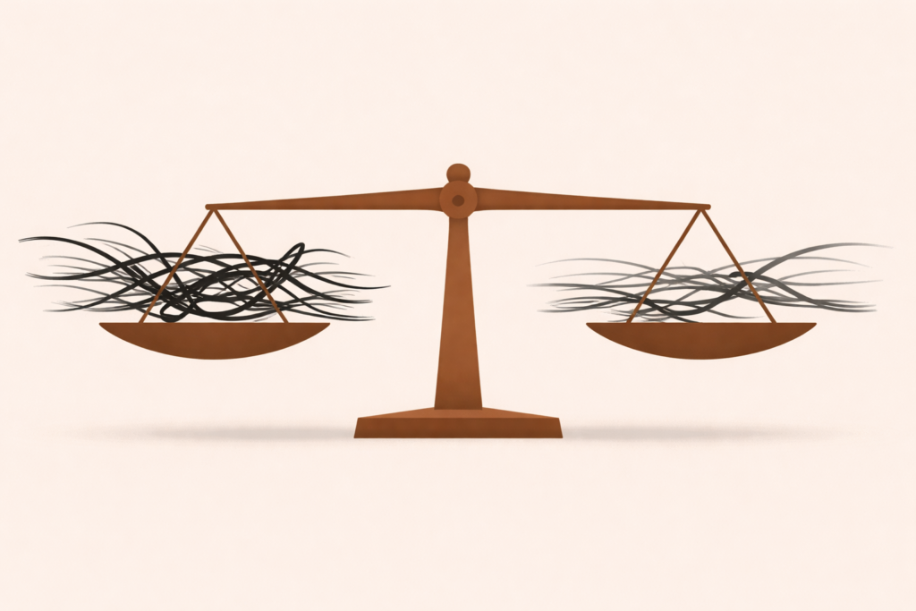 Minimalist illustration showing a balanced system between chaotic and structured content in the attention economy.