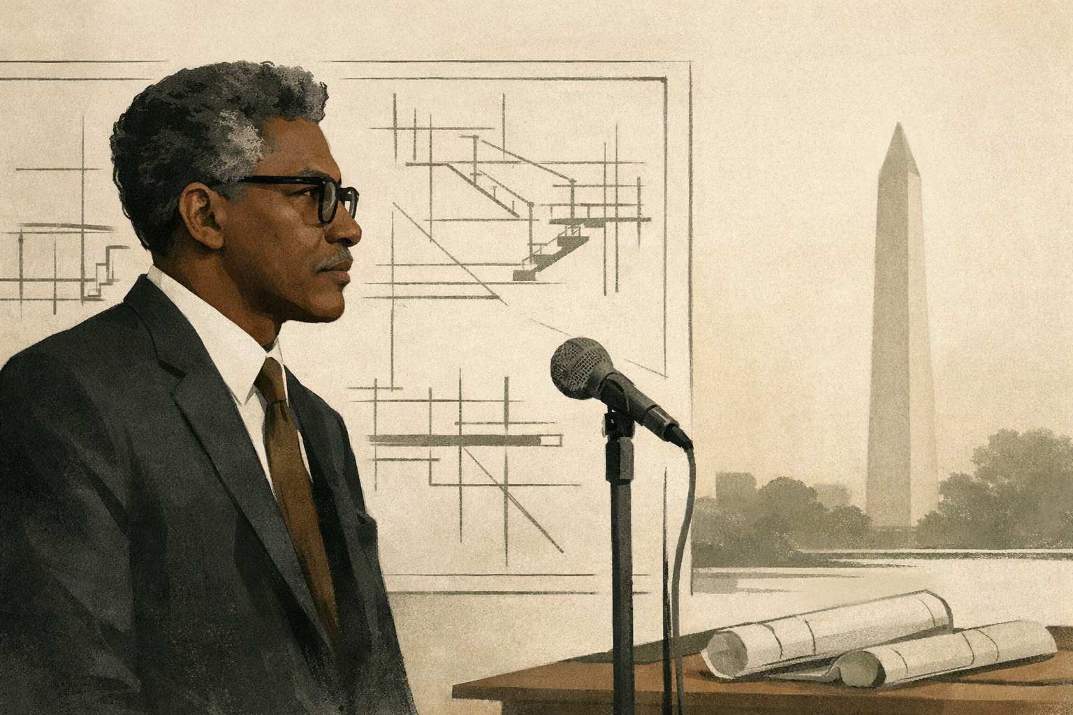 Bayard Rustin built the movement shown as a quiet architect of civic power standing near structural plans and a microphone