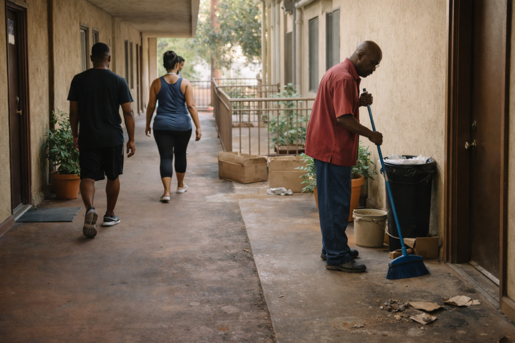 Person cleaning a shared hallway corridor, representing responsibility, shared space maintenance, and the burden of unequal effort in communal environments