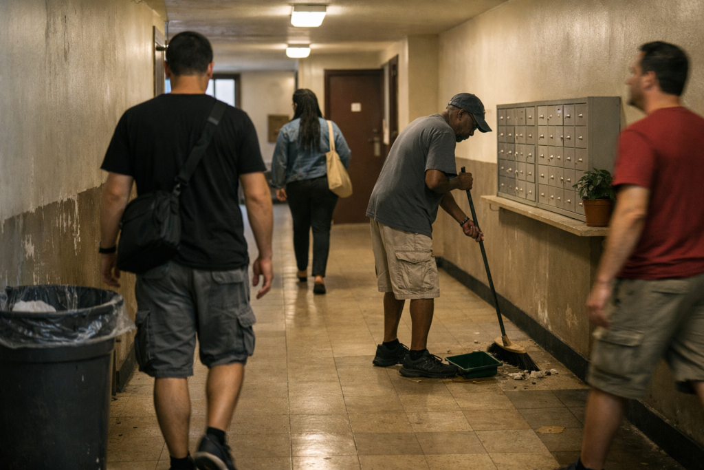 Apartment hallway showing one person cleaning while others walk past without contributing