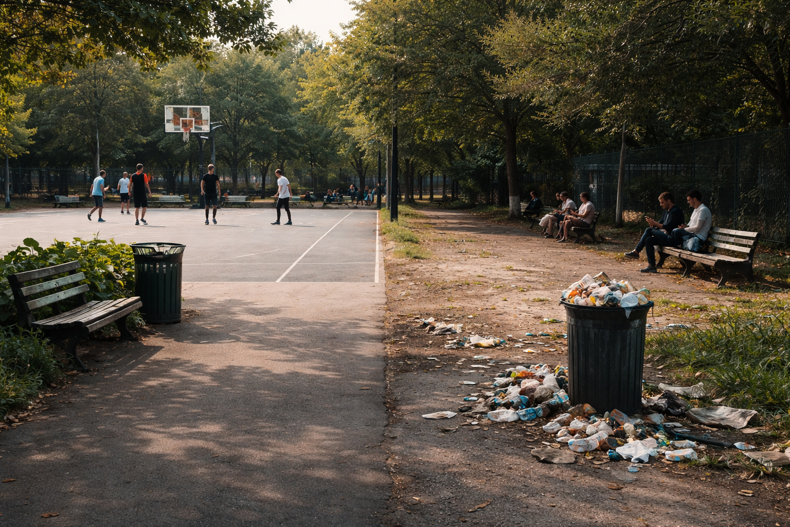 Urban park split between clean maintained space and neglected deteriorating area showing community systems failure