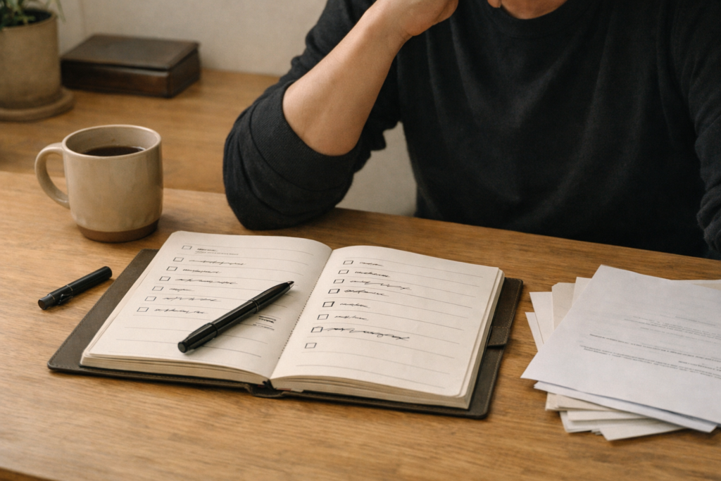 Person at a desk reviewing a planner with checked and unfinished tasks as slight disorder begins to creep into an otherwise structured workspace.