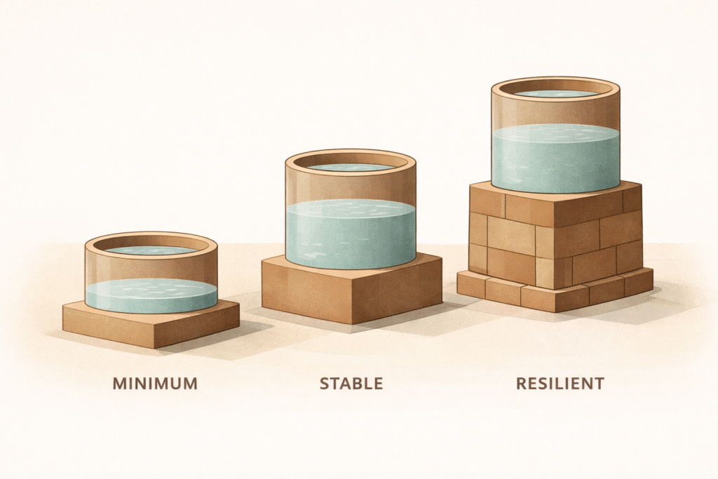 Minimalist illustration of three-tier emergency fund levels showing minimum, stable, and resilient financial reserves.
