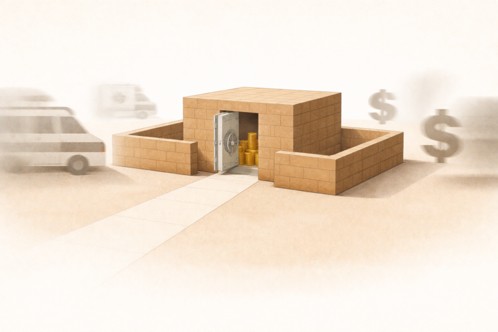 Minimalist illustration of a protected emergency fund with controlled access resisting external financial pressure.