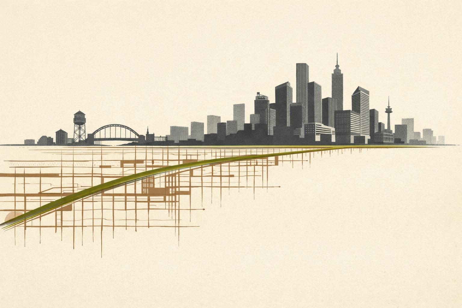 Architectural blueprint to skyline transformation illustrating structural growth and legacy systems development