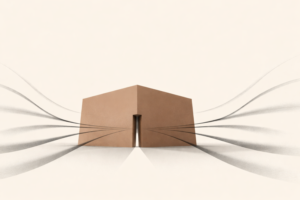 Minimalist structure with multiple external signals converging toward a single controlled entry point, representing selective alignment based on incentives