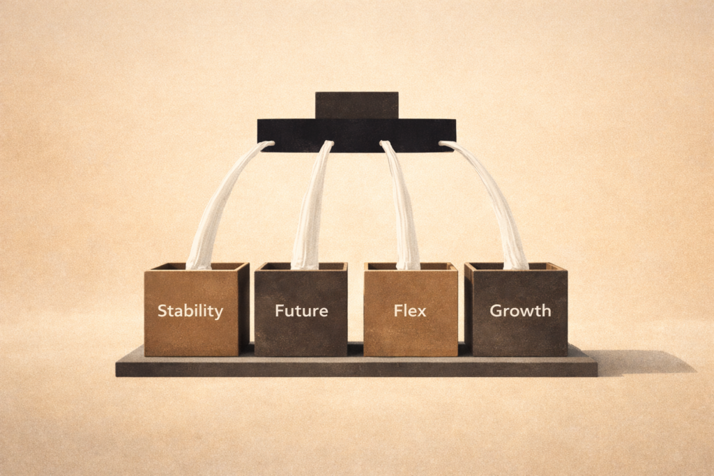 Minimalist illustration of structured money allocation system dividing income into clear financial categories.