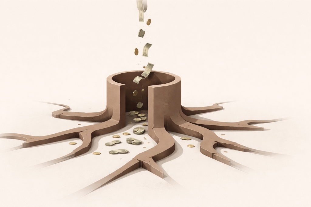 Minimalist illustration showing income flow instability and lack of retained money due to poor financial structure