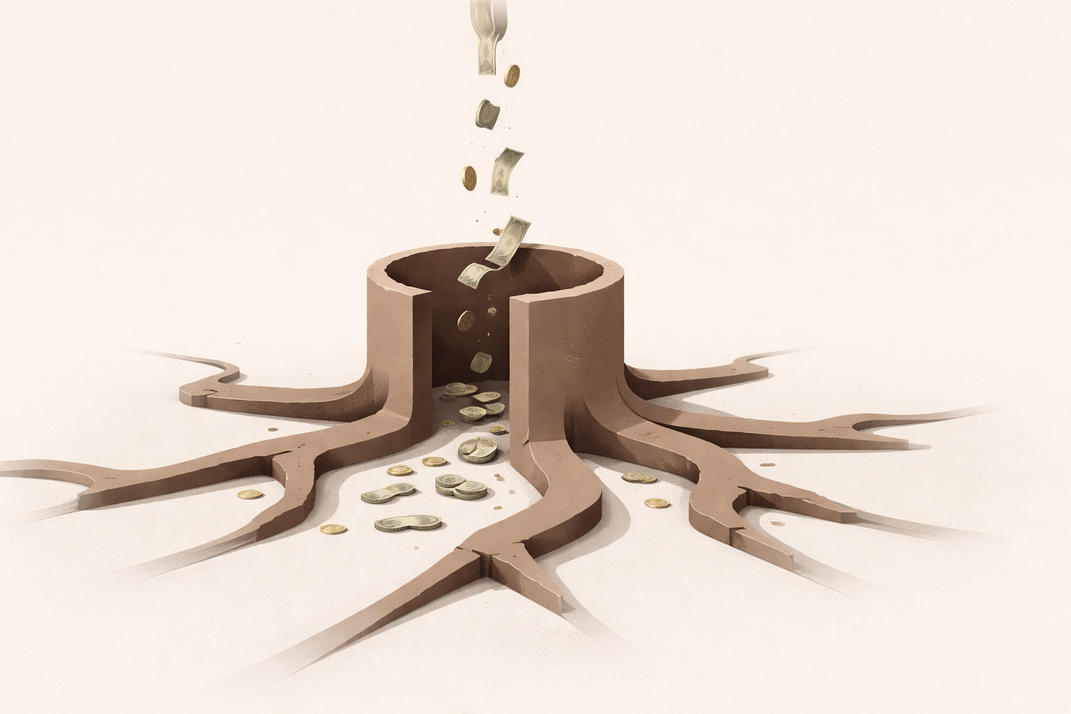 Why you are always broke even with income illustration showing income flowing through unstable structure with no retained reserve