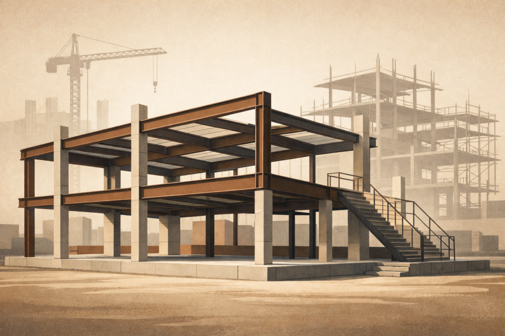 Partially completed architectural structure with reinforced beams and aligned columns in the foreground, showing stability forming while unfinished framework extends into the background.