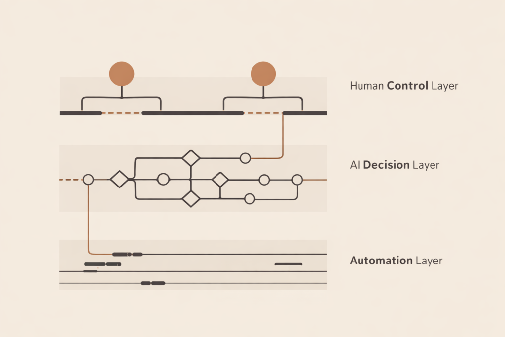 Layered system diagram showing three horizontal tiers: human control layer, AI decision logic layer, and automation flow layer, with subtle connection points between each in a minimalist architectural style.