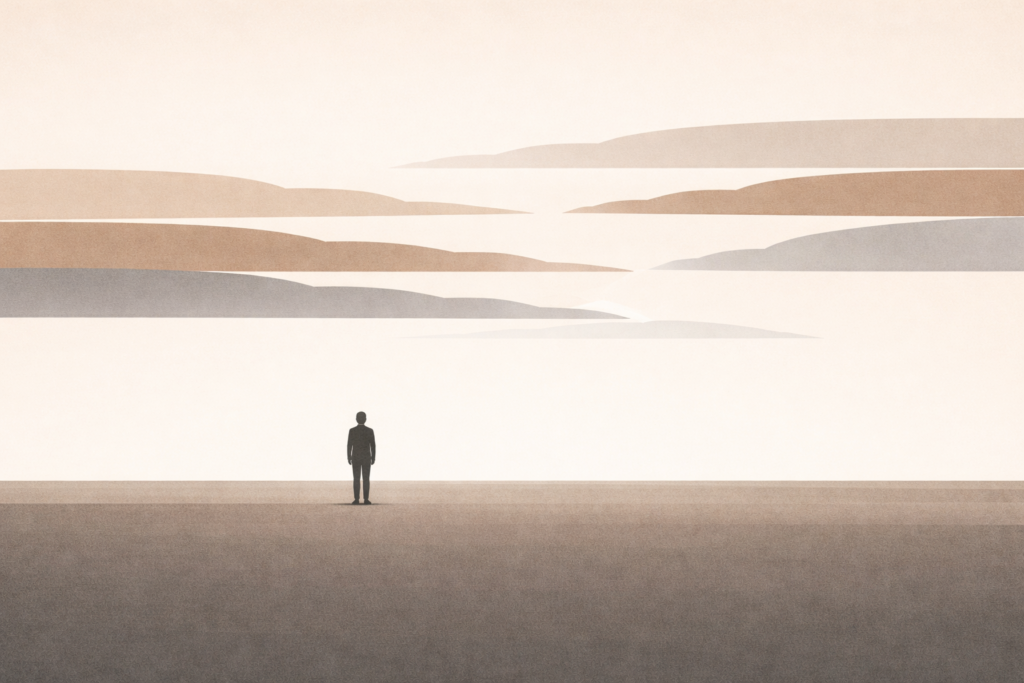 minimalist sky with subtly misaligned horizontal bands representing drift conditions and quiet internal misalignment