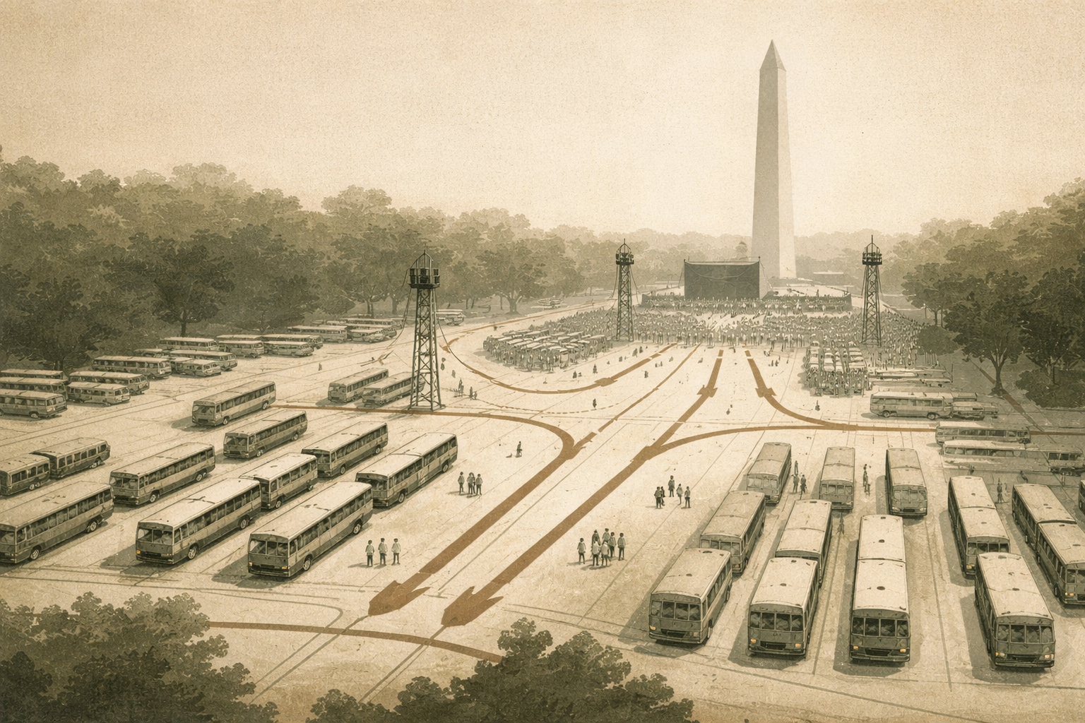 March on Washington infrastructure shown through buses, route lines, and coordinated civic movement patterns