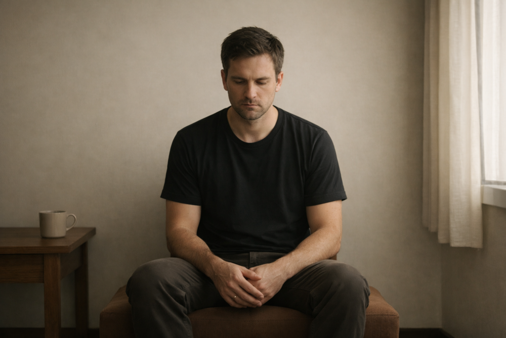 Man sitting still in a minimal room, eyes open and thoughtful, conveying mental fatigue and quiet reflection rather than physical exhaustion