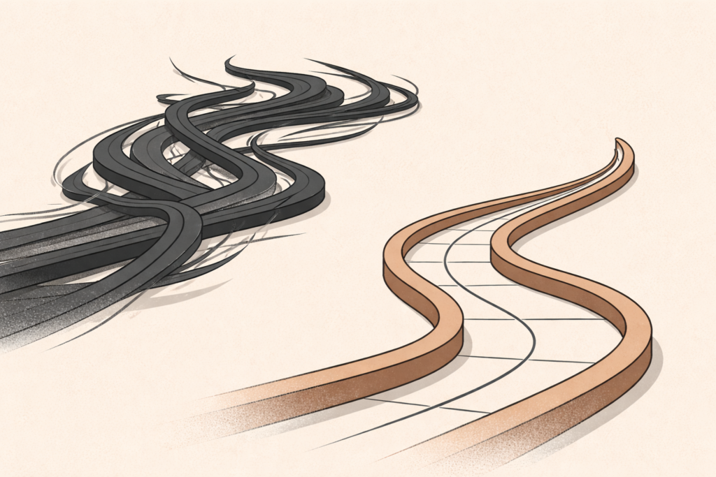 Minimalist illustration showing fast-moving chaotic content stream dominating slower structured content.