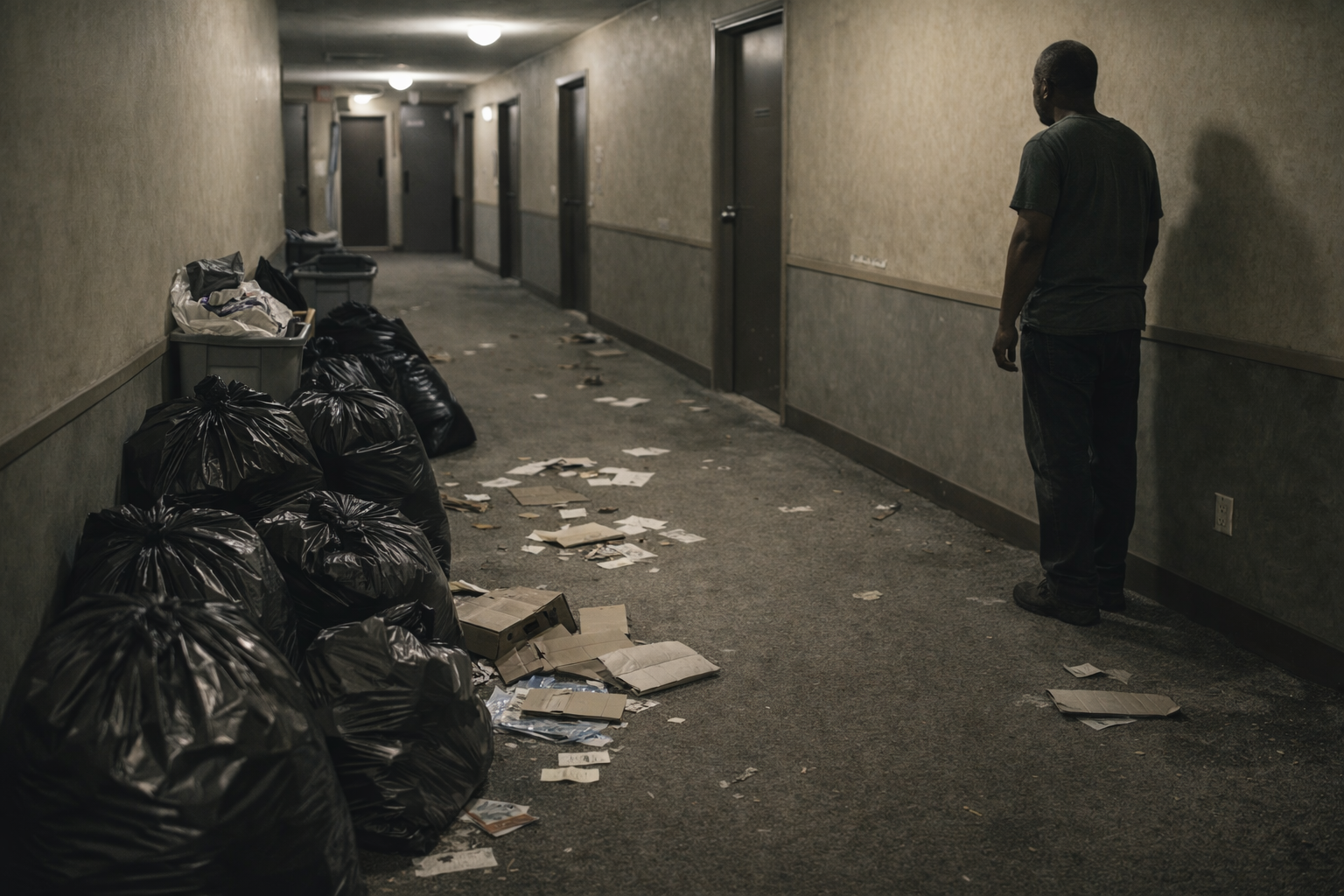 community system collapse shown through a neglected apartment hallway with piled trash, scattered mail, and no active maintenance