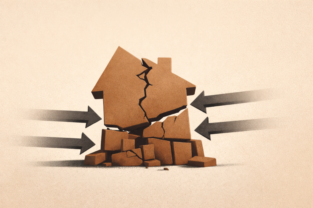 Minimalist illustration of unstable financial structure without emergency fund protection