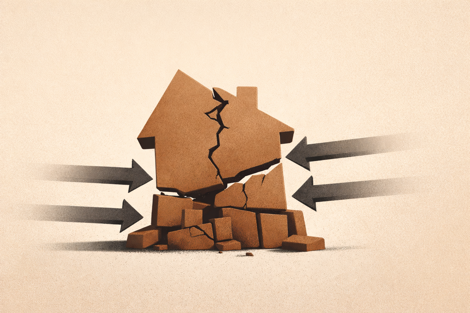 Minimalist illustration of financial instability caused by lack of emergency fund, with fractured structure and no protective reserve