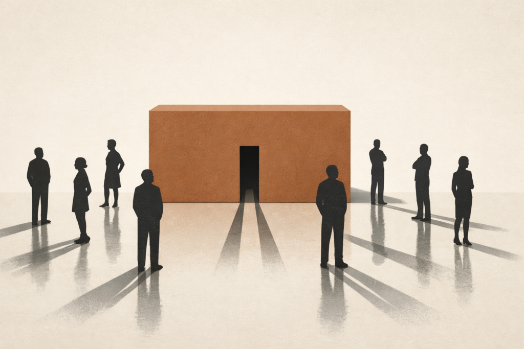 Minimalist illustration showing figures near a solid structure without contact, representing performative solidarity versus real support