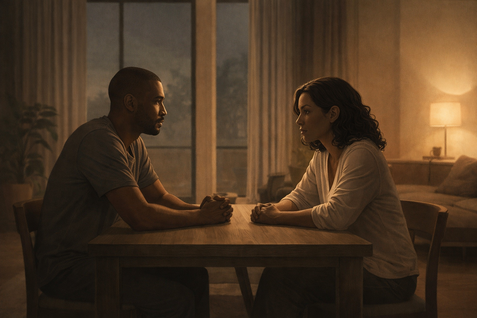 Couple repairing conflict through calm conversation and mutual respect in a minimalist interior