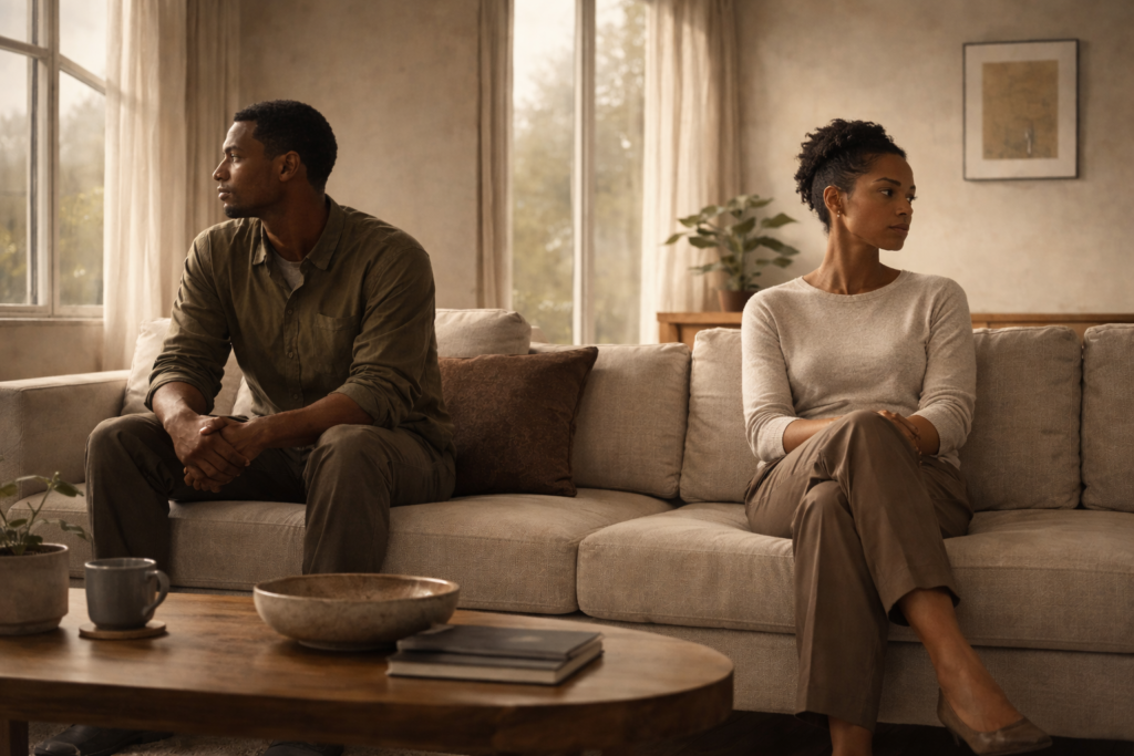 Couple sitting apart in quiet emotional distance, representing respect as relationship infrastructure under strain