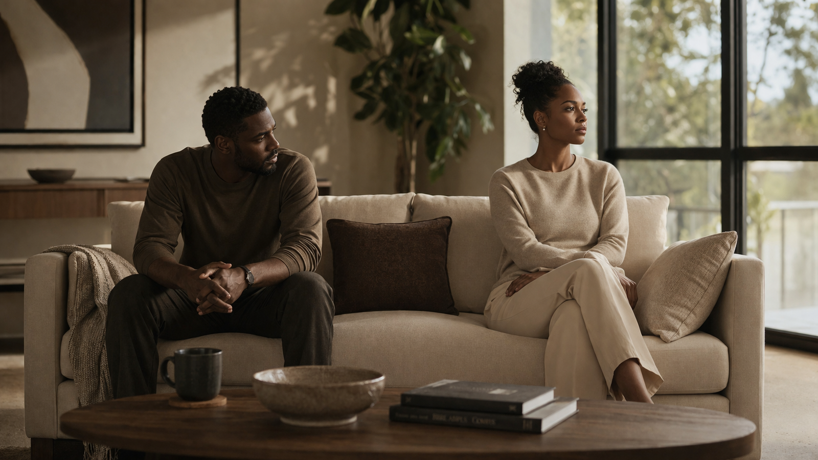 Respect collapse in relationships shown through two partners sitting in the same room with quiet emotional distance