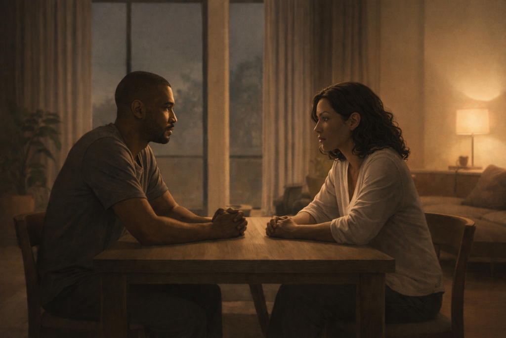 Calm modern interior scene of two partners sitting together, acknowledging conflict and beginning reconciliation through composed conversation in a minimalist earth-toned room with warm natural light.