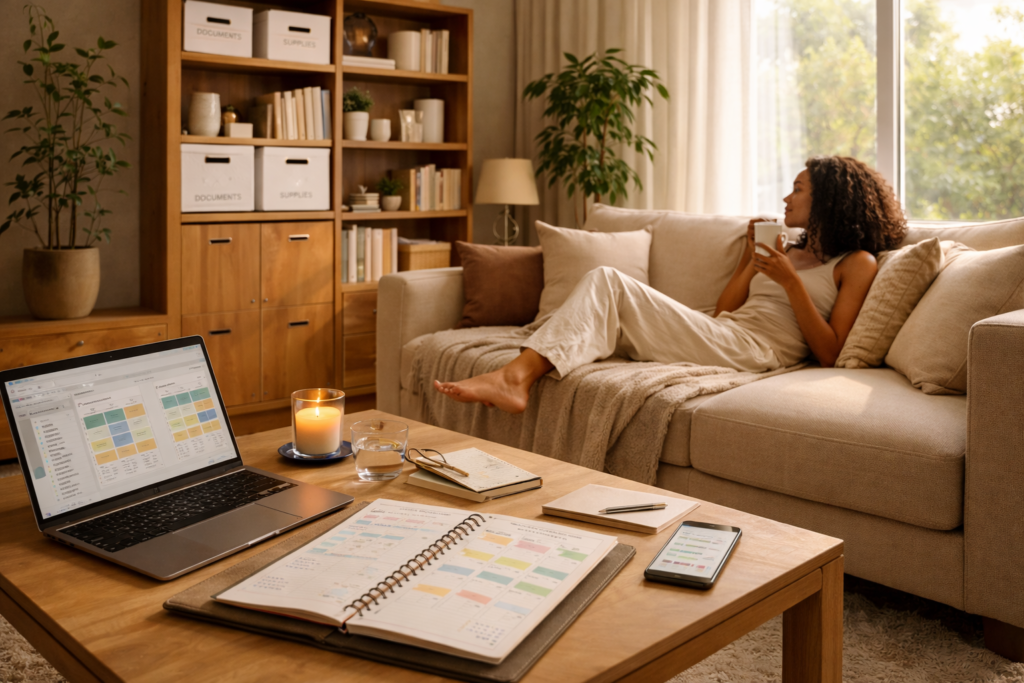 Minimalist living room with a person relaxing on a couch while planners, a laptop dashboard, and organized shelves reveal structured systems behind a calm lifestyle
