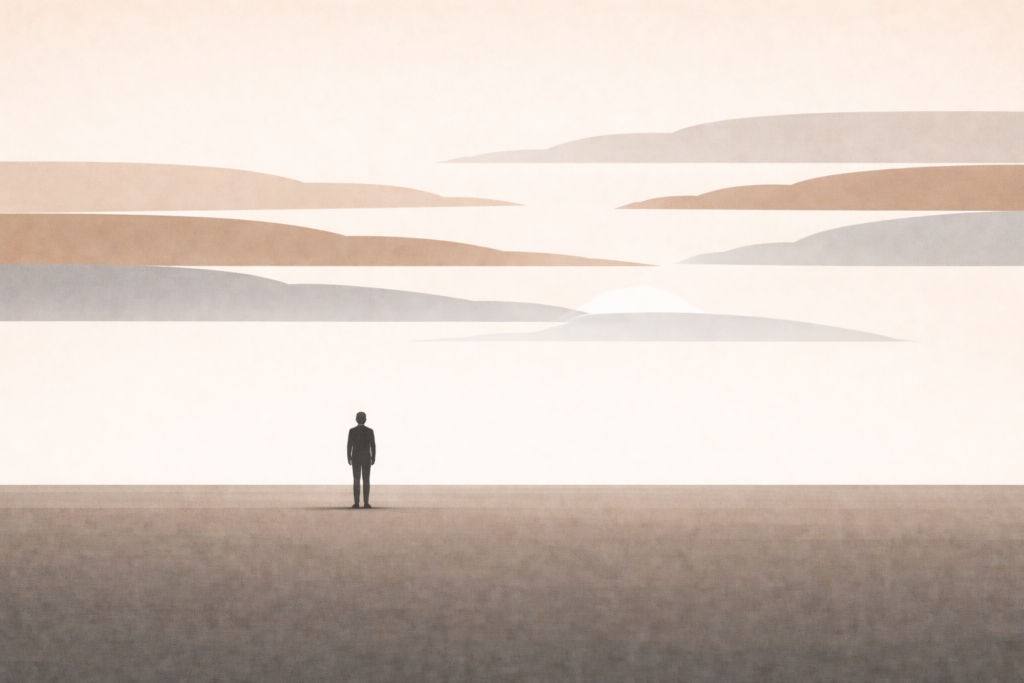 Subtle atmospheric distortion with uneven horizontal bands across a muted sky, indicating internal misalignment without visible disruption